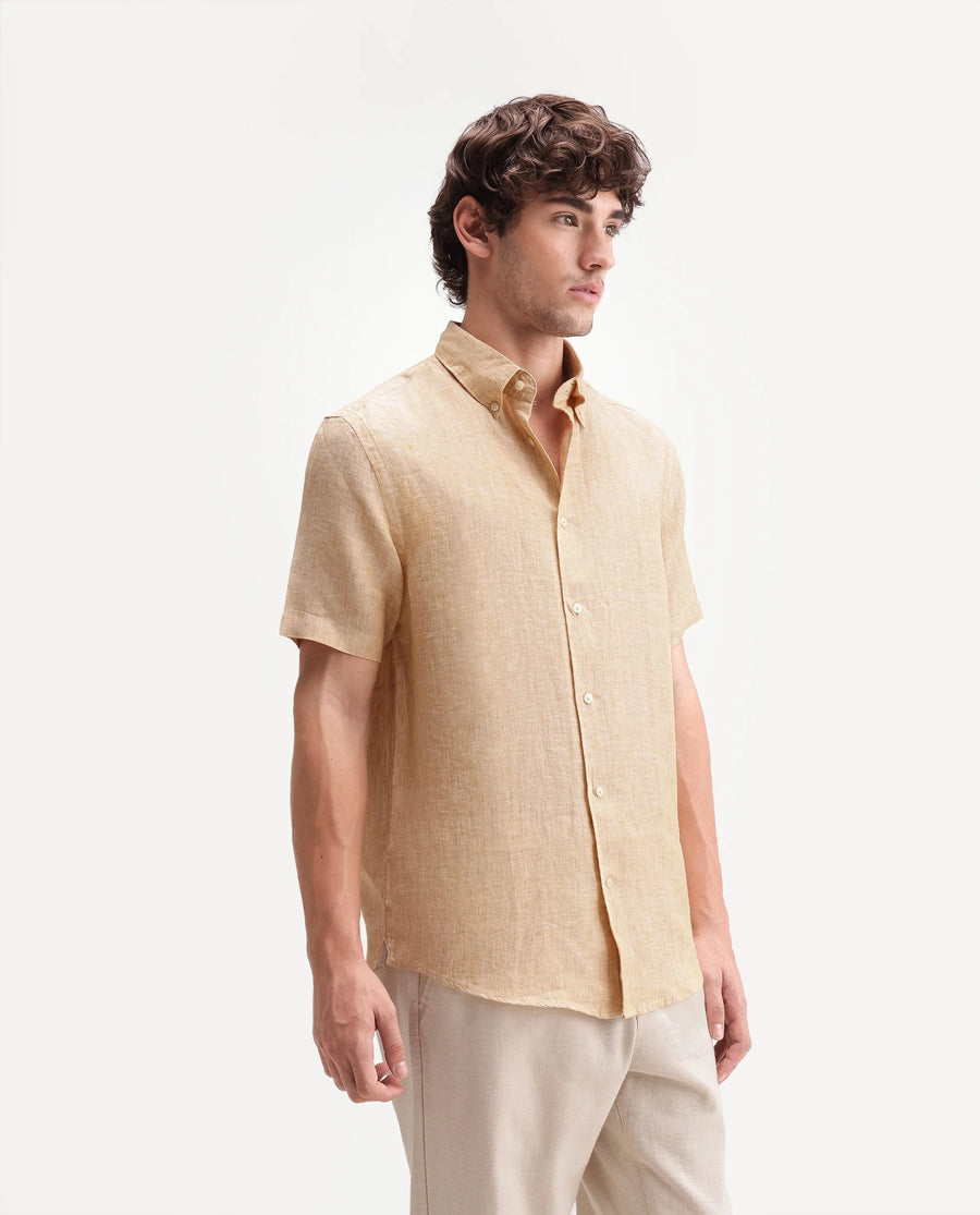 Rare Rabbit Men's Poist Dusky Yellow Linen Plain Regular Fit Half Sleeve Collared Shirt