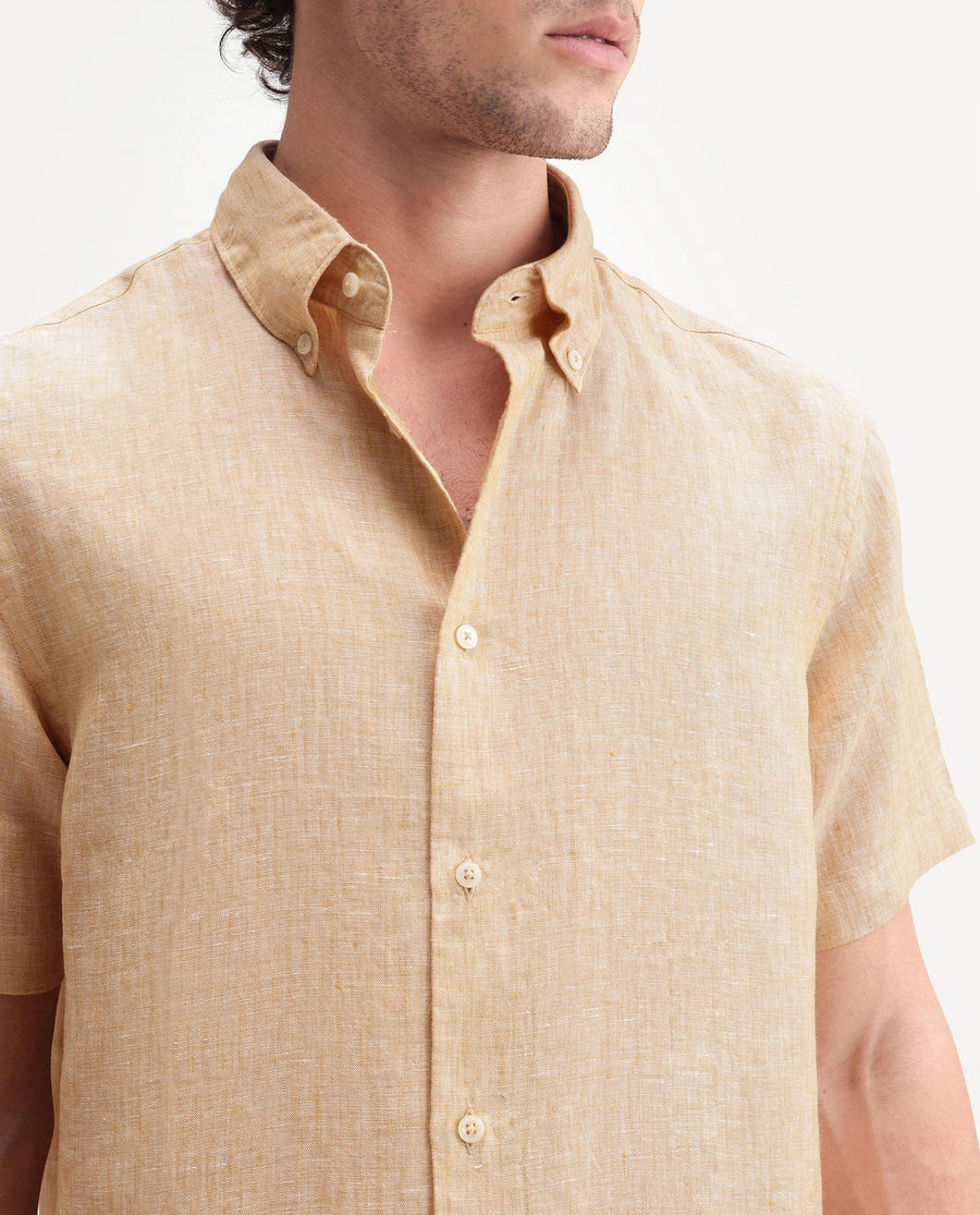 Rare Rabbit Men's Poist Dusky Yellow Linen Plain Regular Fit Half Sleeve Collared Shirt