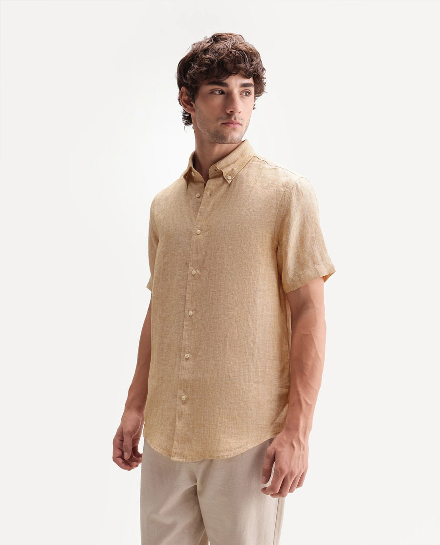 Rare Rabbit Men's Poist Dusky Yellow Linen Plain Regular Fit Half Sleeve Collared Shirt