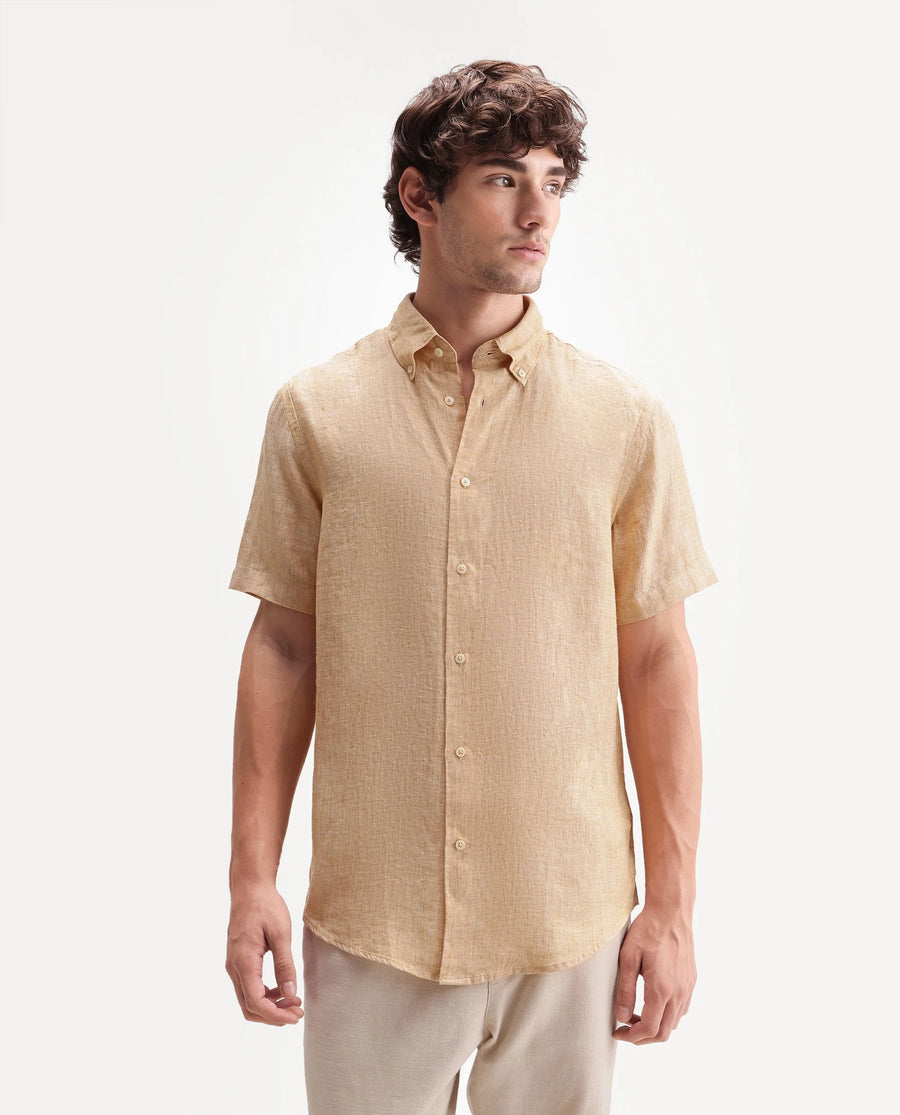 Rare Rabbit Men's Poist Dusky Yellow Linen Plain Regular Fit Half Sleeve Collared Shirt