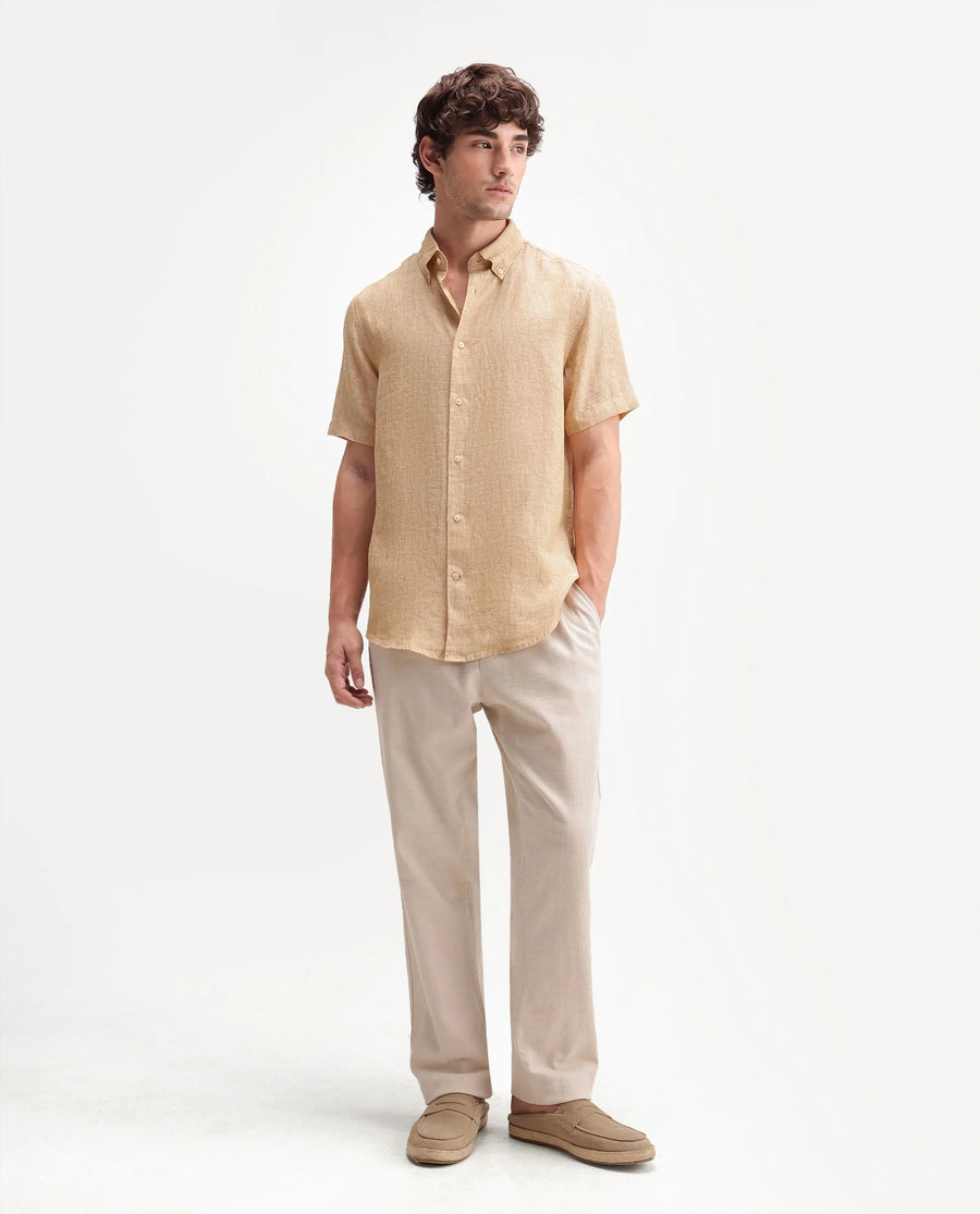 Rare Rabbit Men's Poist Dusky Yellow Linen Plain Regular Fit Half Sleeve Collared Shirt