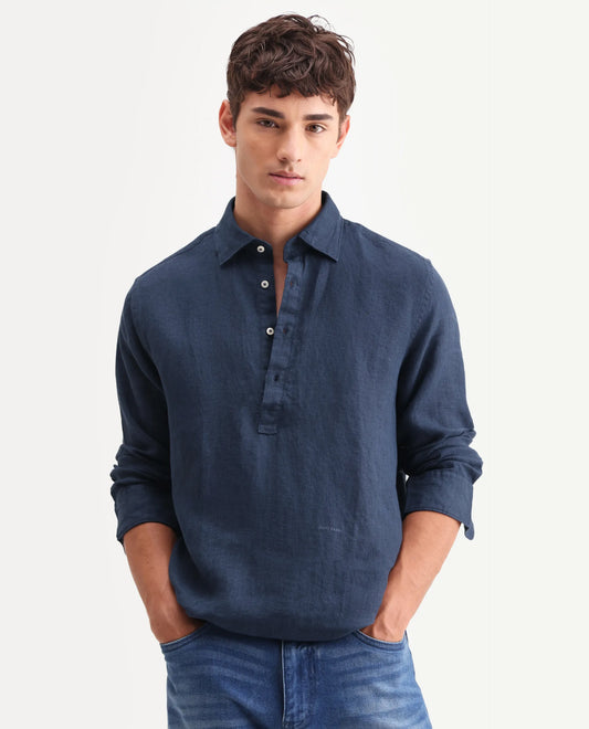 Rare Rabbit Men's Kurts Navy 100% Linen Plain Regular Fit Full Sleeve Collared Shirt