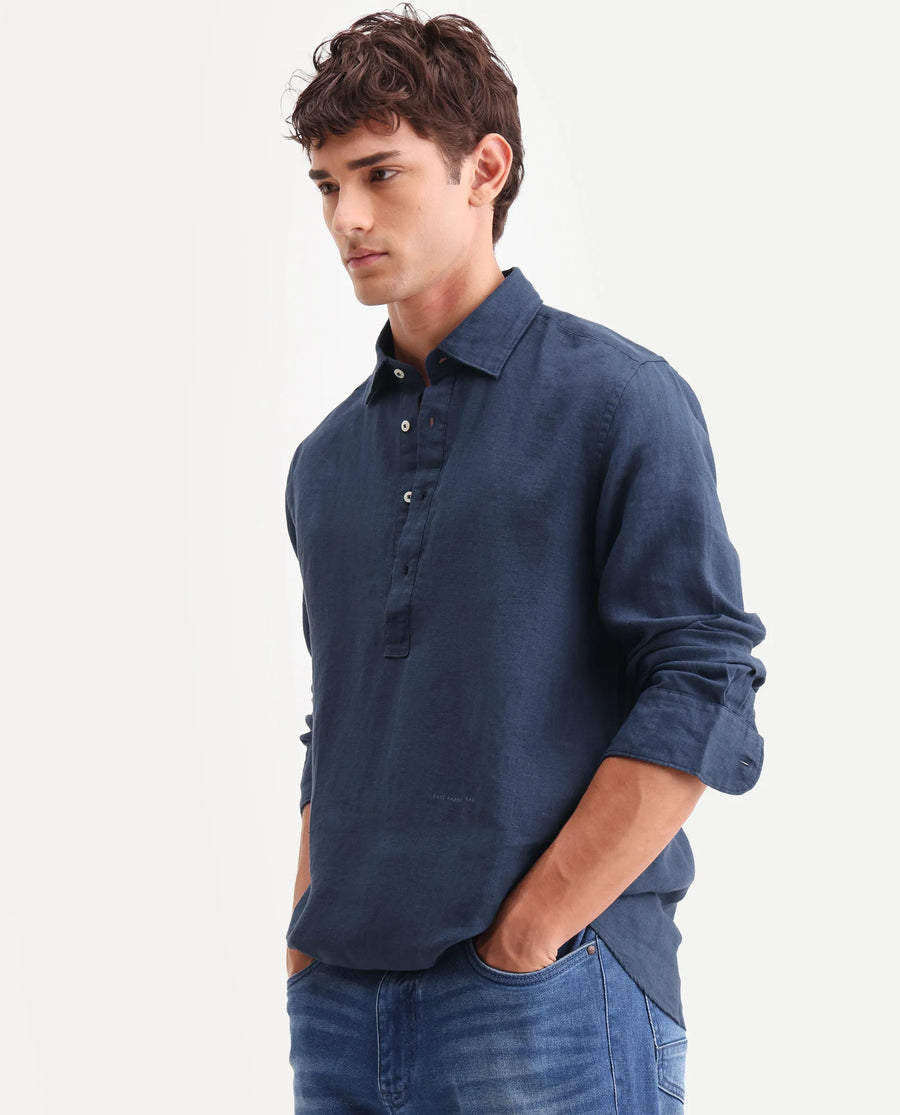 Rare Rabbit Men's Kurts Navy 100% Linen Plain Regular Fit Full Sleeve Collared Shirt