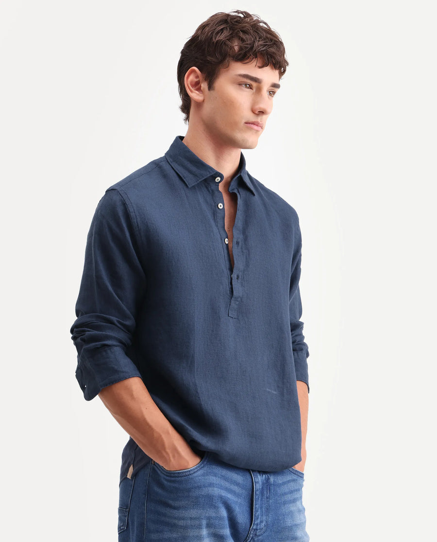 Rare Rabbit Men's Kurts Navy 100% Linen Plain Regular Fit Full Sleeve Collared Shirt