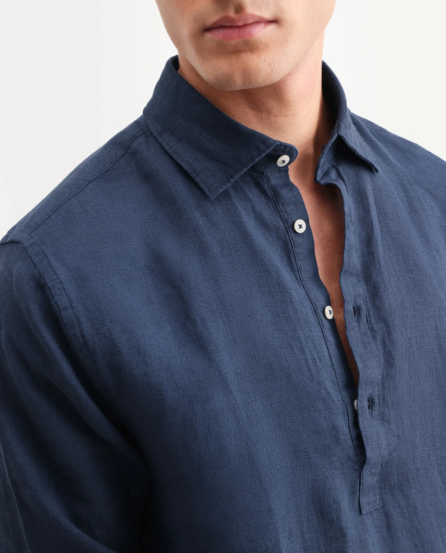 Rare Rabbit Men's Kurts Navy 100% Linen Plain Regular Fit Full Sleeve Collared Shirt
