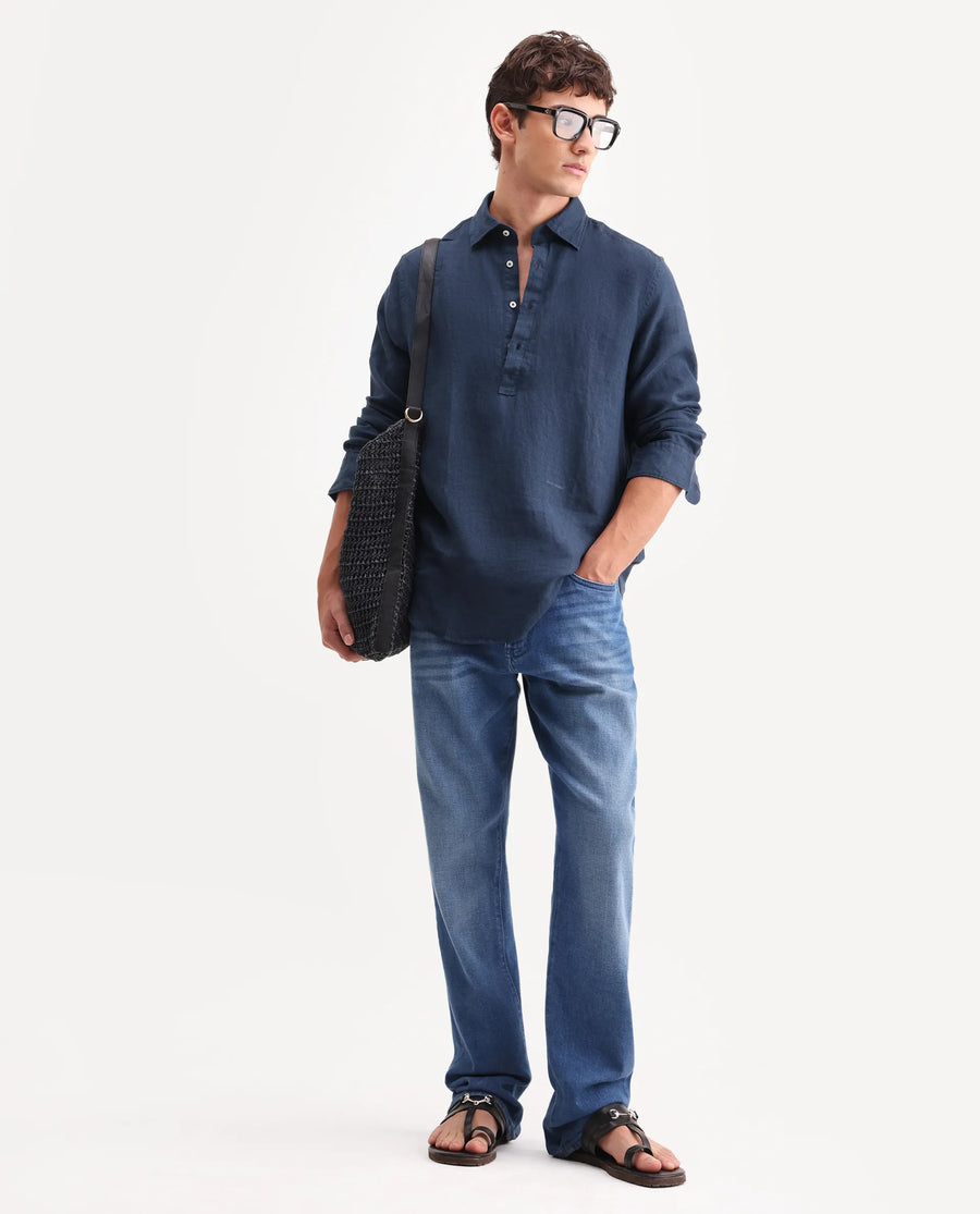 Rare Rabbit Men's Kurts Navy 100% Linen Plain Regular Fit Full Sleeve Collared Shirt