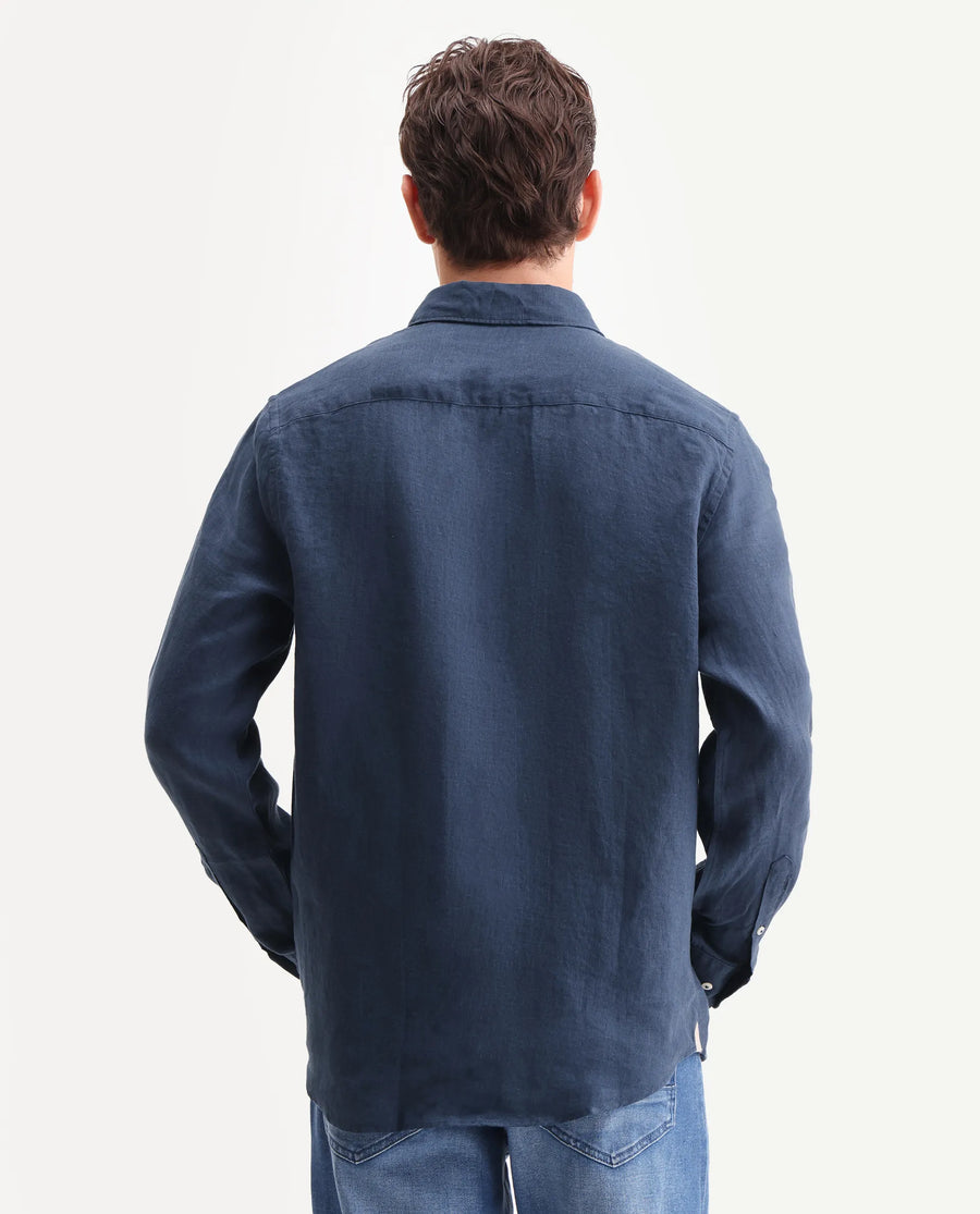 Rare Rabbit Men's Kurts Navy 100% Linen Plain Regular Fit Full Sleeve Collared Shirt