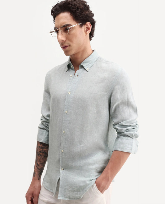 Rare Rabbit Men's Lucis Aqua 100% Linen Plain Regular Fit Full Sleeve Collared Shirt
