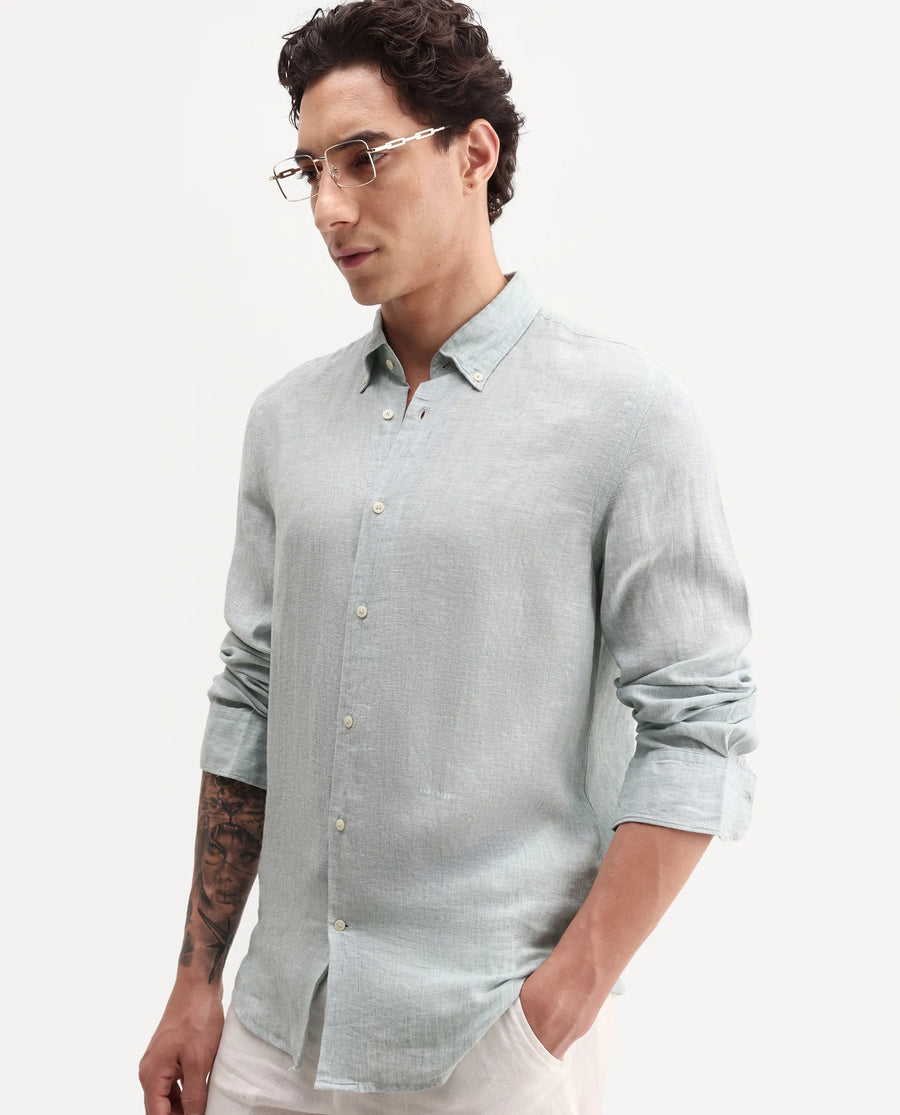Rare Rabbit Men's Lucis Aqua 100% Linen Plain Regular Fit Full Sleeve Collared Shirt