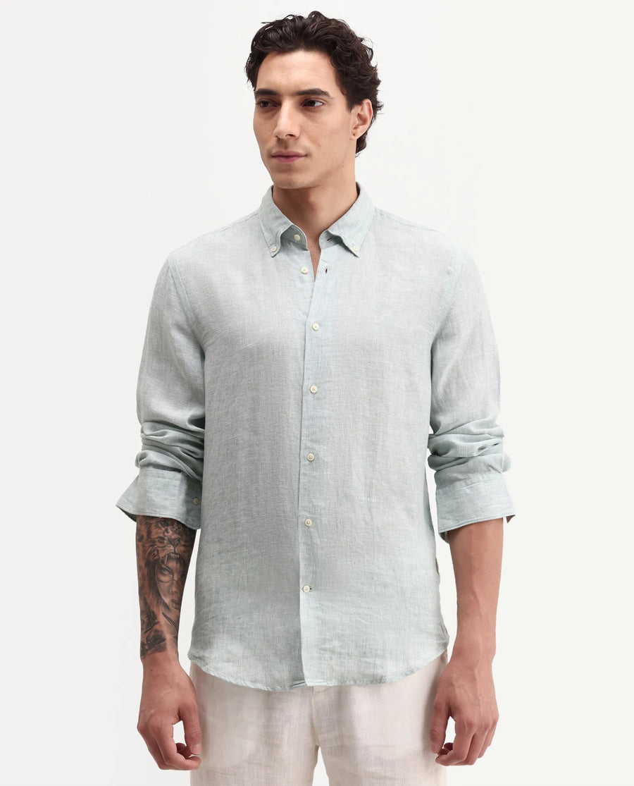 Rare Rabbit Men's Lucis Aqua 100% Linen Plain Regular Fit Full Sleeve Collared Shirt