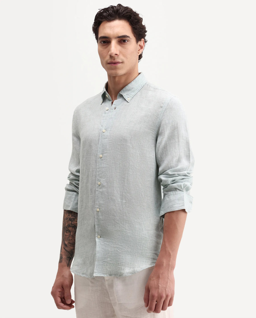 Rare Rabbit Men's Lucis Aqua 100% Linen Plain Regular Fit Full Sleeve Collared Shirt