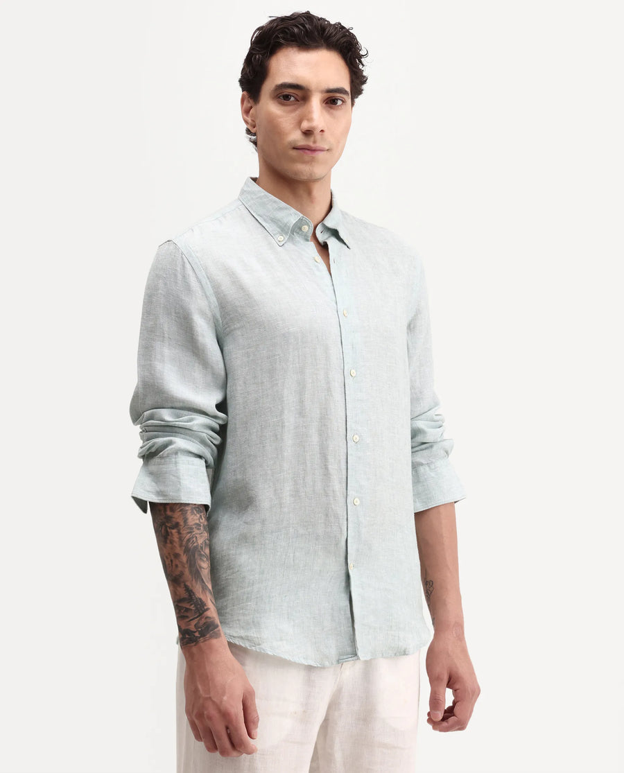 Rare Rabbit Men's Lucis Aqua 100% Linen Plain Regular Fit Full Sleeve Collared Shirt