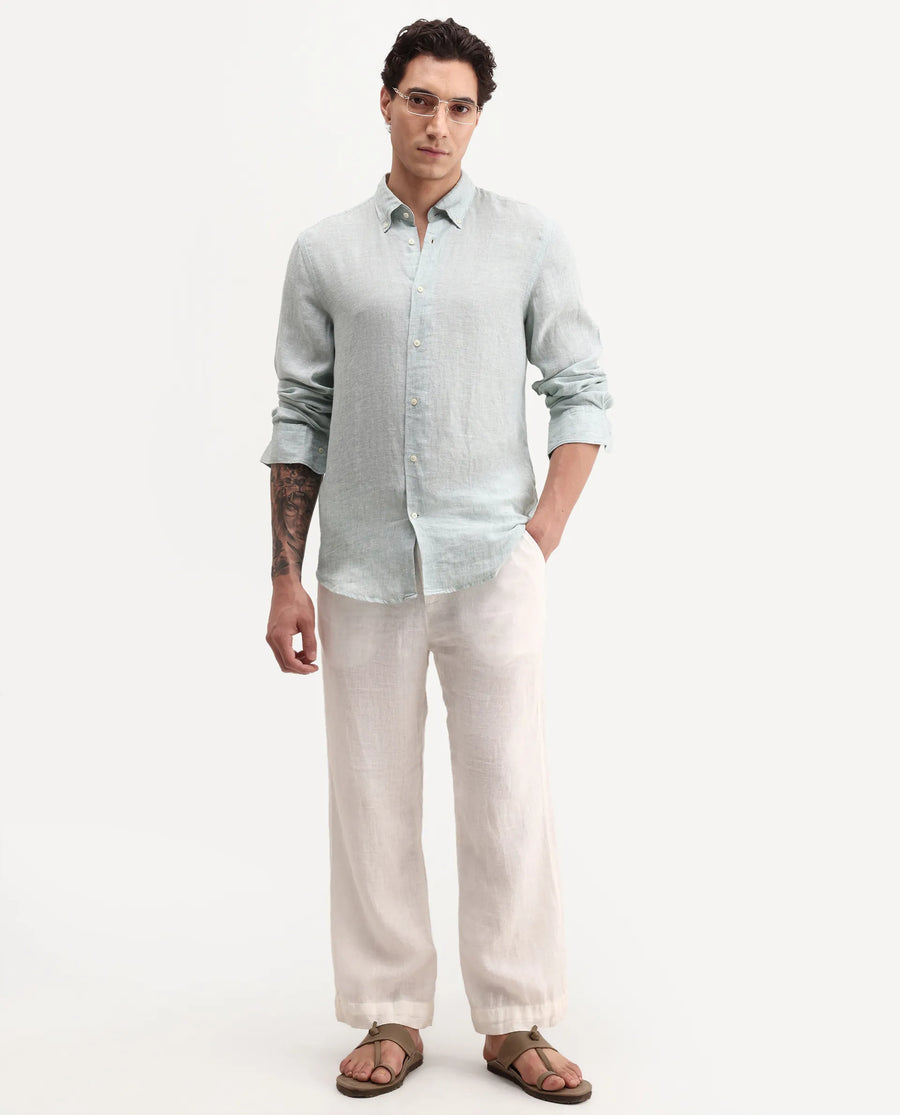 Rare Rabbit Men's Lucis Aqua 100% Linen Plain Regular Fit Full Sleeve Collared Shirt