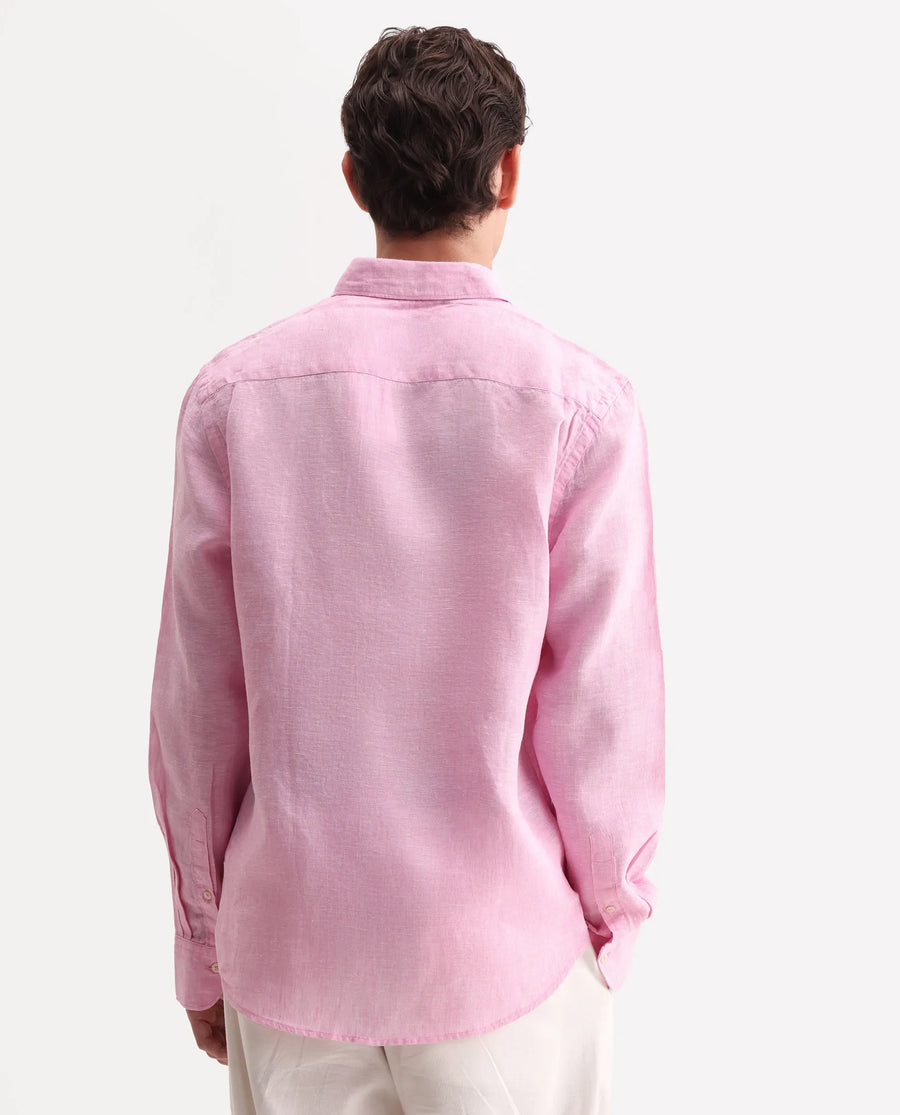 Rare Rabbit Men's Lucis Pink 100% Linen Plain Regular Fit Full Sleeve Collared Shirt