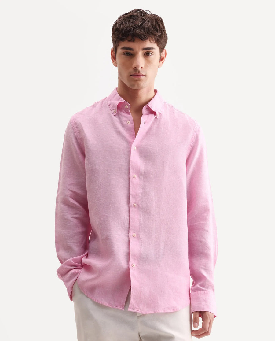 Rare Rabbit Men's Lucis Pink 100% Linen Plain Regular Fit Full Sleeve Collared Shirt