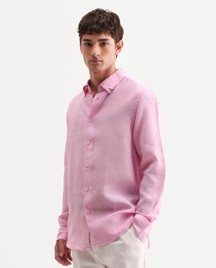 Rare Rabbit Men's Lucis Pink 100% Linen Plain Regular Fit Full Sleeve Collared Shirt