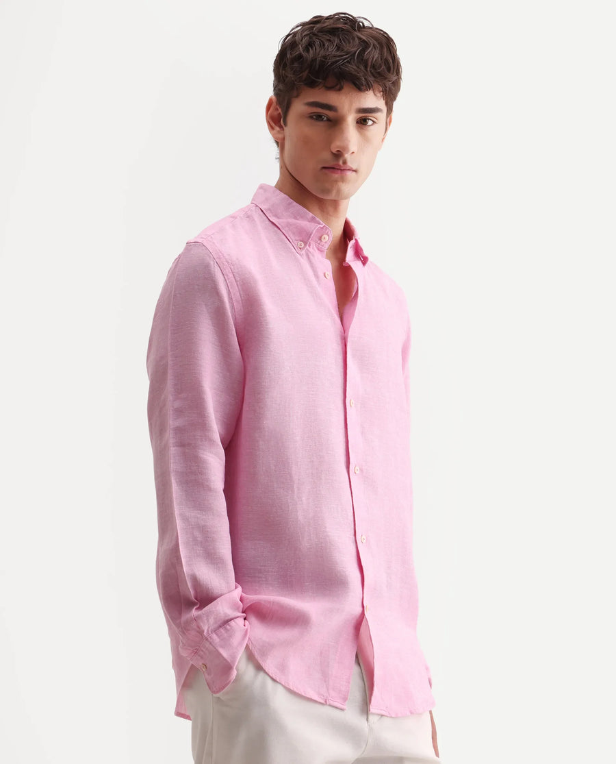 Rare Rabbit Men's Lucis Pink 100% Linen Plain Regular Fit Full Sleeve Collared Shirt