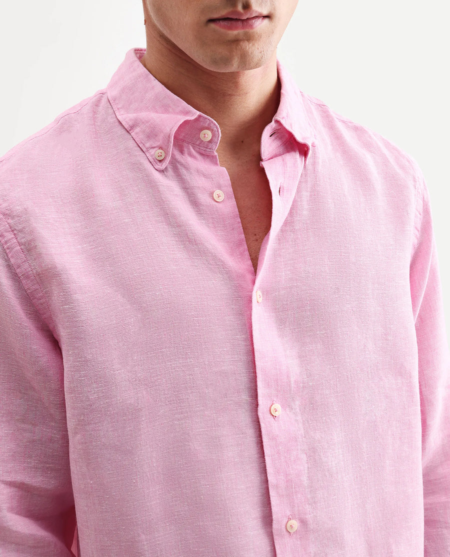 Rare Rabbit Men's Lucis Pink 100% Linen Plain Regular Fit Full Sleeve Collared Shirt