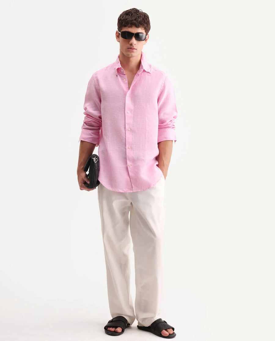 Rare Rabbit Men's Lucis Pink 100% Linen Plain Regular Fit Full Sleeve Collared Shirt