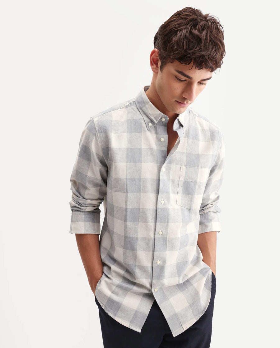 Rare Rabbit Men's Robina Blue 100% Linen Checked Print Regular Fit Full Sleeve Collared Shirt