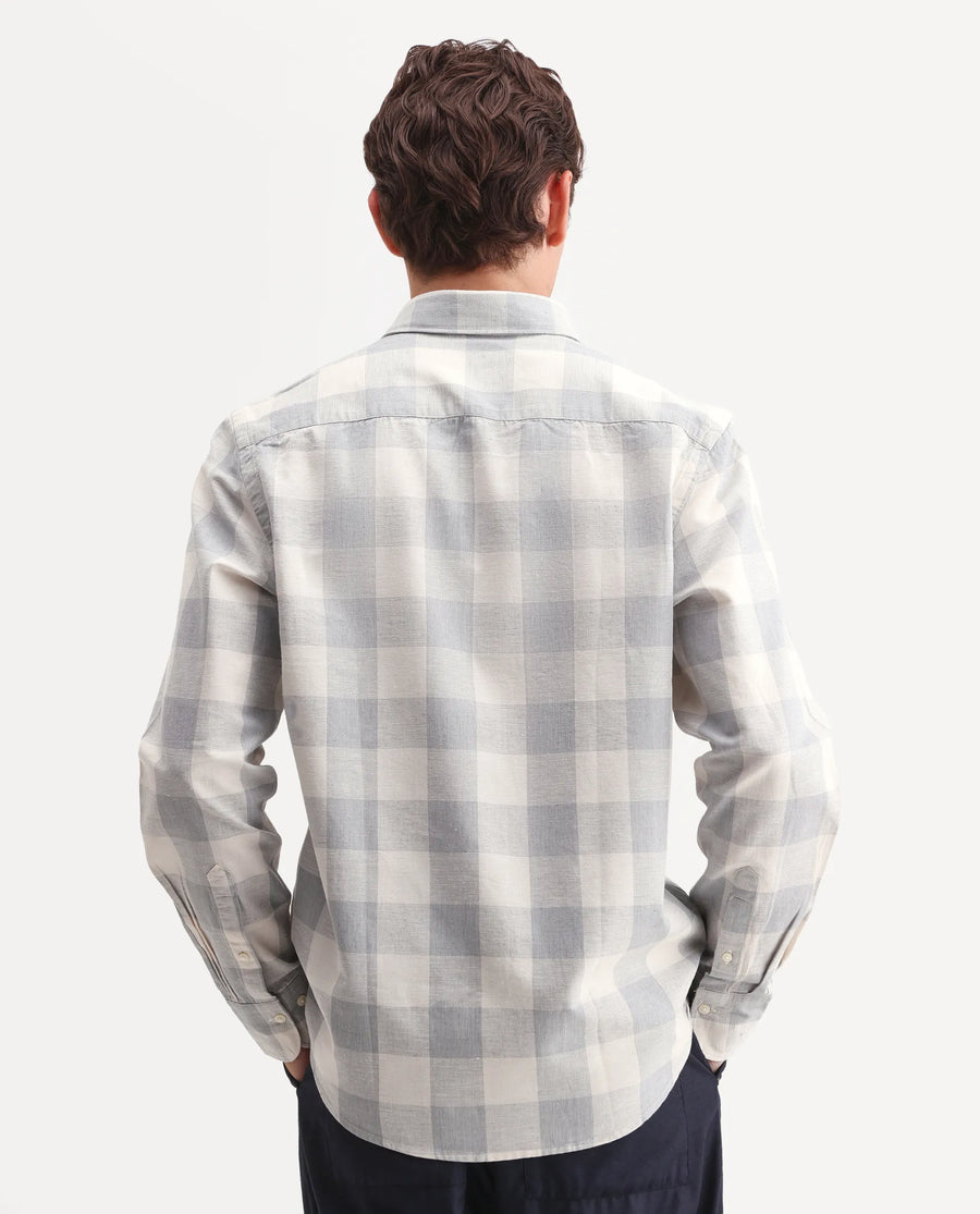 Rare Rabbit Men's Robina Blue 100% Linen Checked Print Regular Fit Full Sleeve Collared Shirt