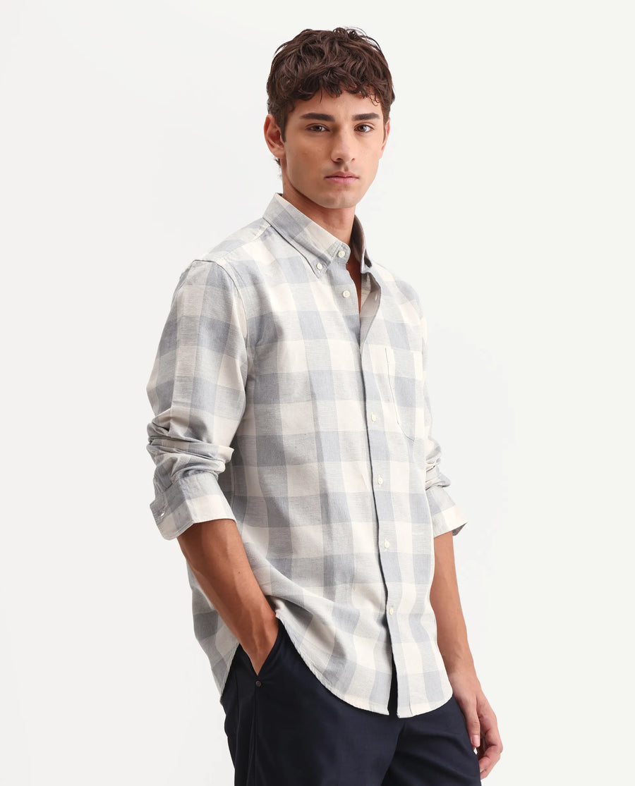 Rare Rabbit Men's Robina Blue 100% Linen Checked Print Regular Fit Full Sleeve Collared Shirt