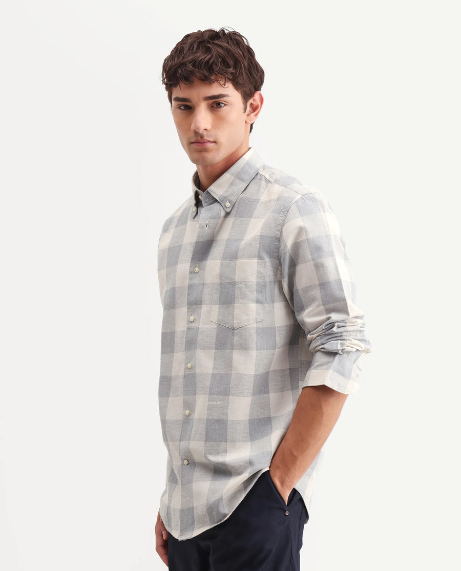 Rare Rabbit Men's Robina Blue 100% Linen Checked Print Regular Fit Full Sleeve Collared Shirt