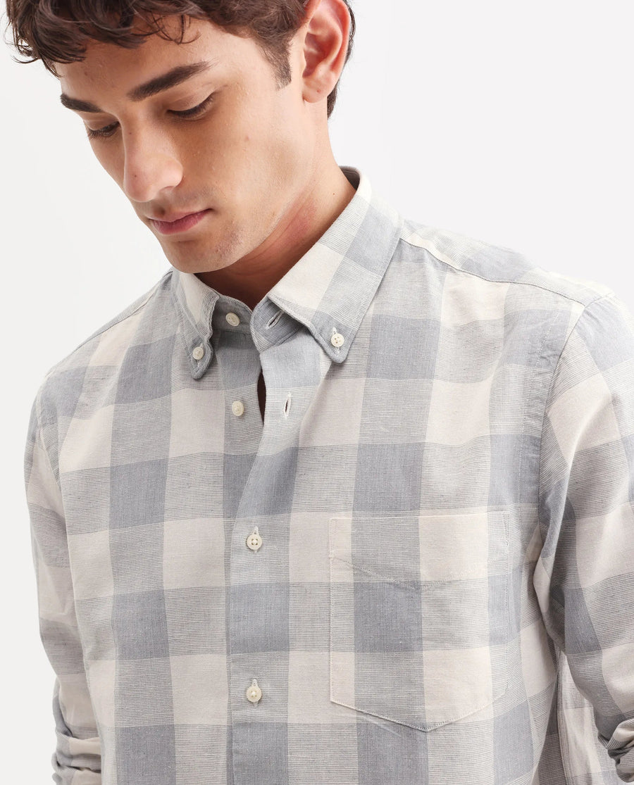 Rare Rabbit Men's Robina Blue 100% Linen Checked Print Regular Fit Full Sleeve Collared Shirt