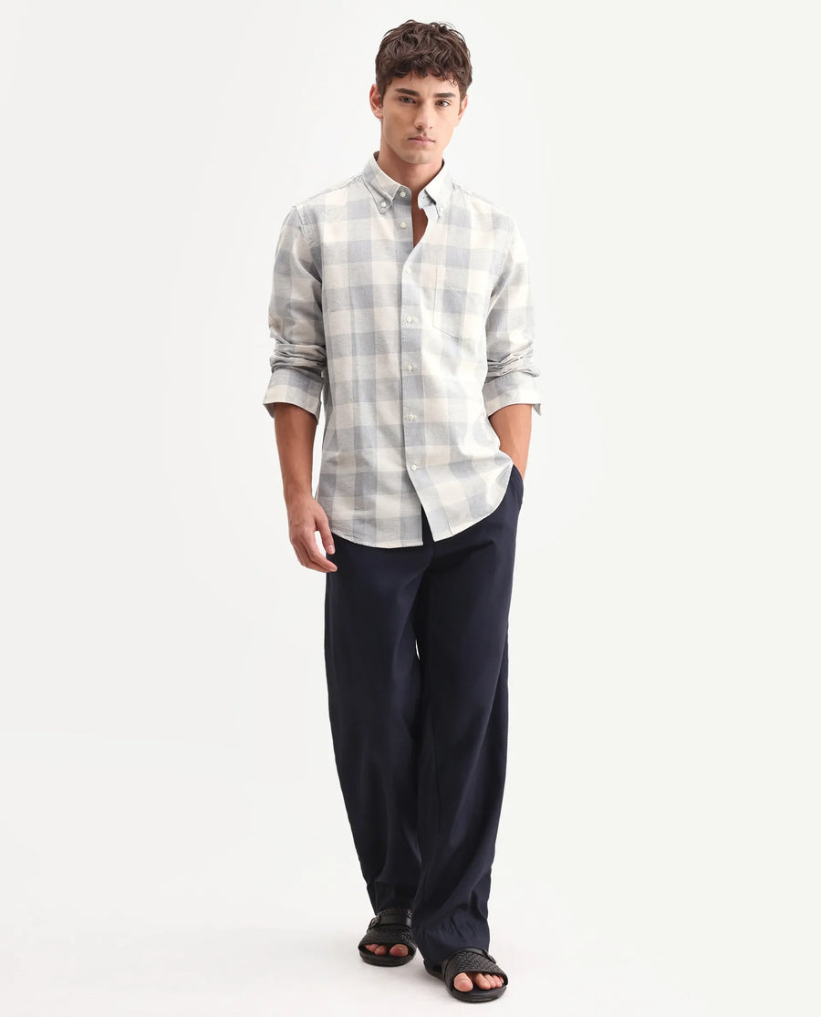 Rare Rabbit Men's Robina Blue 100% Linen Checked Print Regular Fit Full Sleeve Collared Shirt