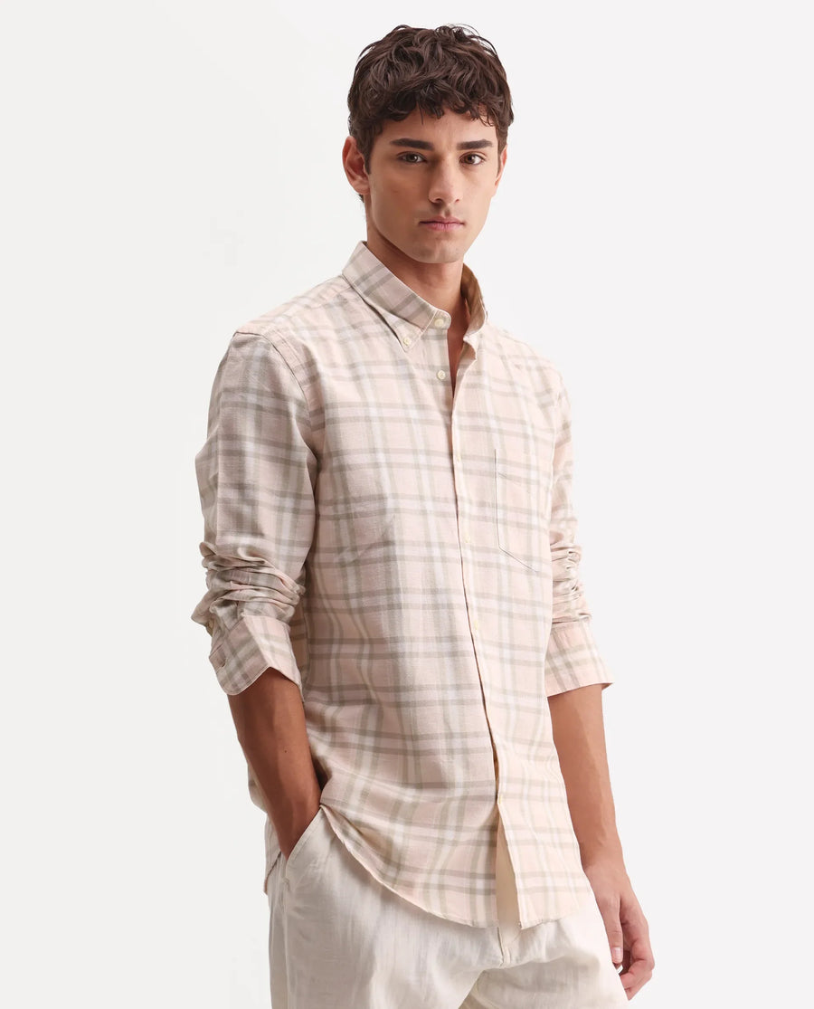 Rare Rabbit Men's Stur Pink 100% Linen Checked Print Regular Fit Full Sleeve Collared Shirt