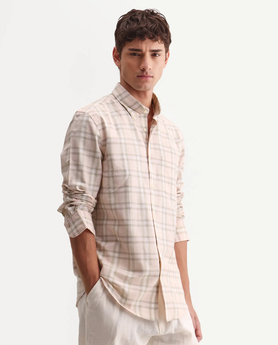Rare Rabbit Men's Stur Pink 100% Linen Checked Print Regular Fit Full Sleeve Collared Shirt