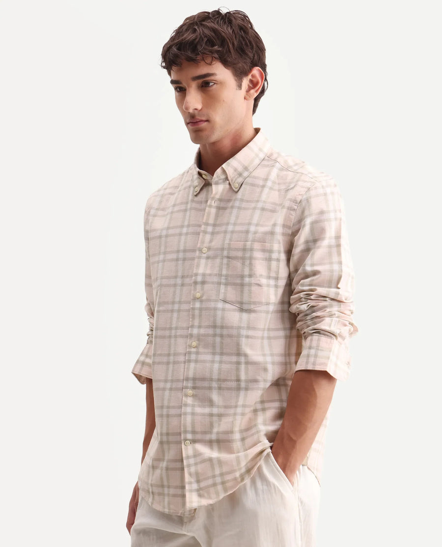 Rare Rabbit Men's Stur Pink 100% Linen Checked Print Regular Fit Full Sleeve Collared Shirt