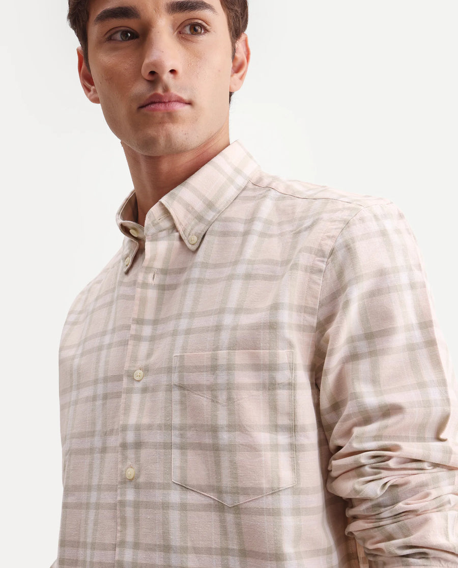 Rare Rabbit Men's Stur Pink 100% Linen Checked Print Regular Fit Full Sleeve Collared Shirt