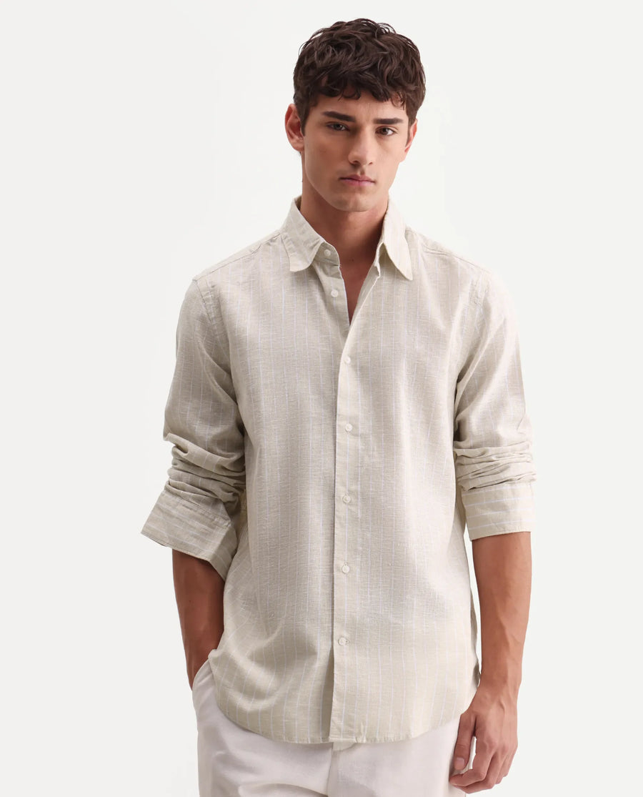 Rare Rabbit Men's Kylo Khaki 100% Linen Striped Print Regular Fit Full Sleeve Collared Shirt
