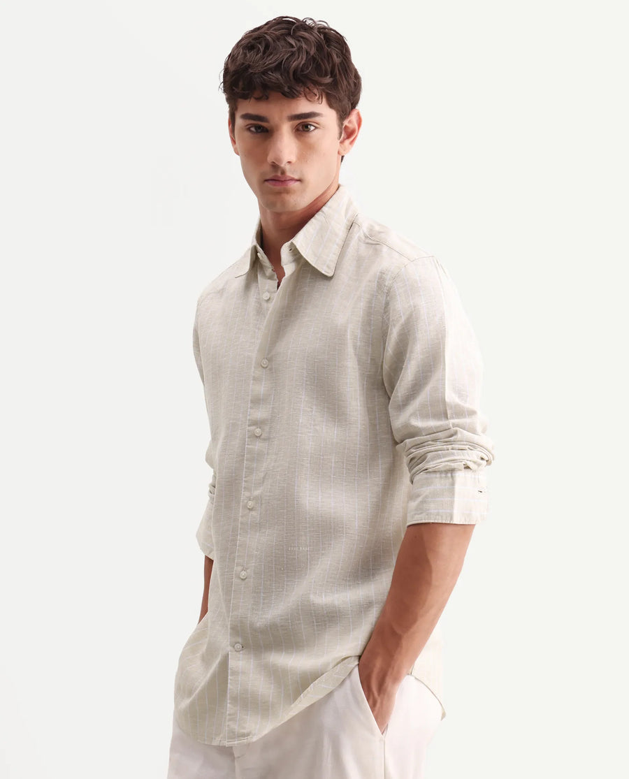 Rare Rabbit Men's Kylo Khaki 100% Linen Striped Print Regular Fit Full Sleeve Collared Shirt