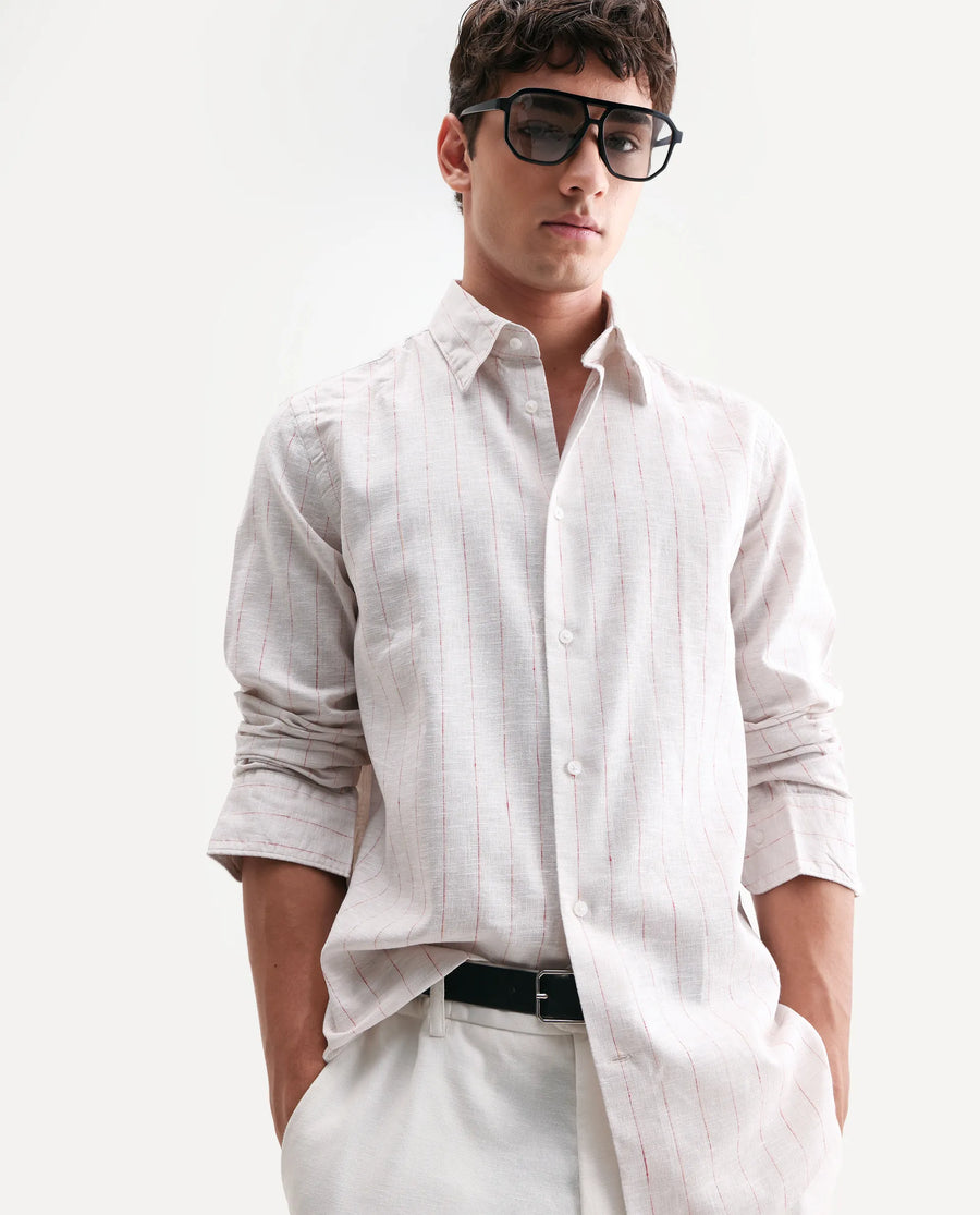 Rare Rabbit Men's Opis Off White 100% Linen Striped Print Regular Fit Full Sleeve Collared Shirt