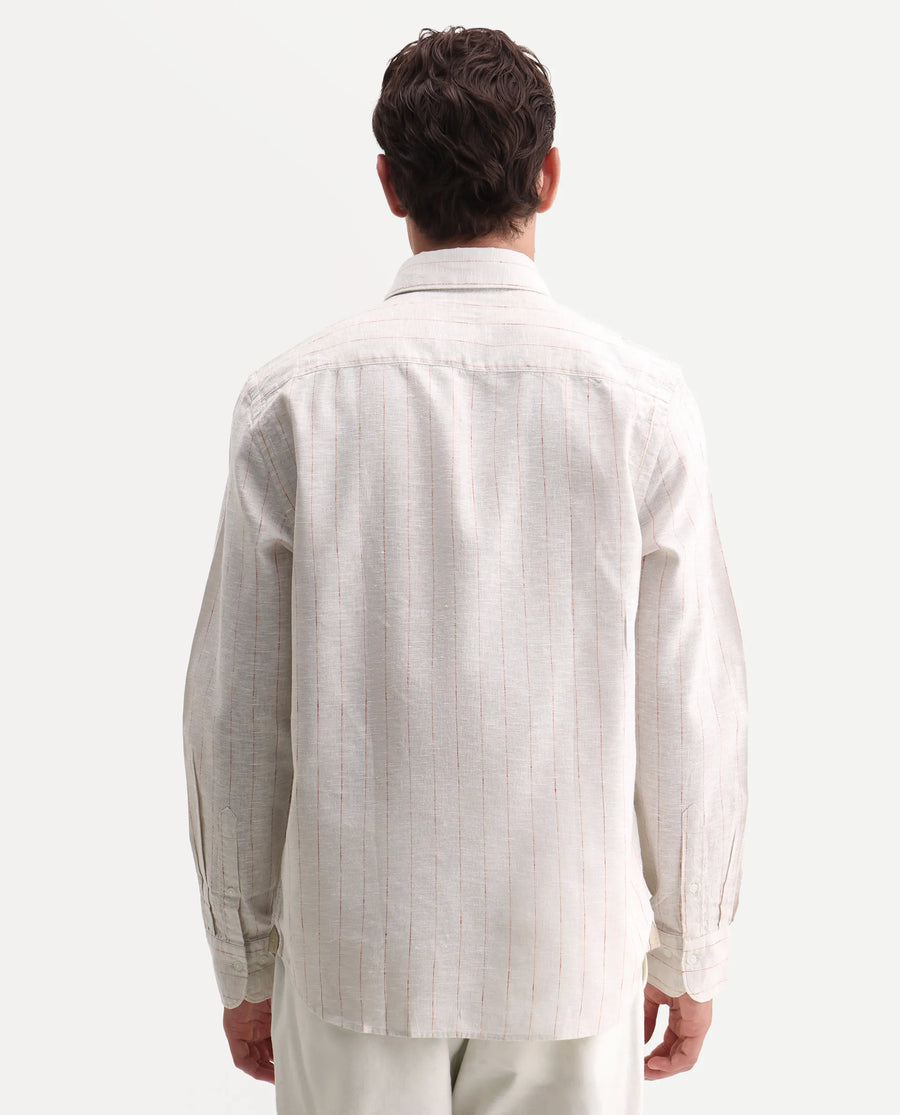 Rare Rabbit Men's Opis Off White 100% Linen Striped Print Regular Fit Full Sleeve Collared Shirt