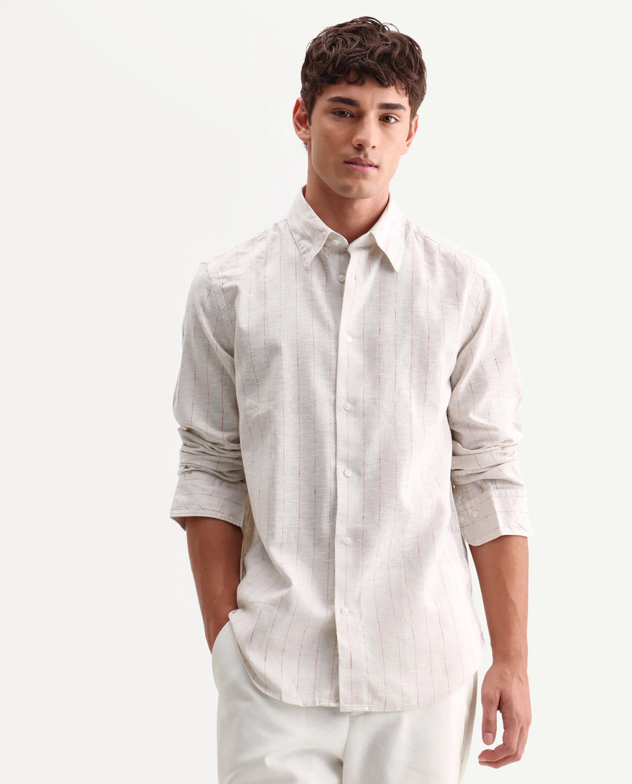 Rare Rabbit Men's Opis Off White 100% Linen Striped Print Regular Fit Full Sleeve Collared Shirt
