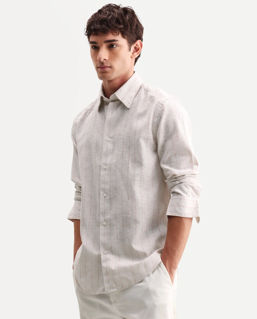 Rare Rabbit Men's Opis Off White 100% Linen Striped Print Regular Fit Full Sleeve Collared Shirt