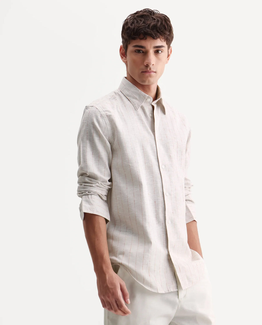 Rare Rabbit Men's Opis Off White 100% Linen Striped Print Regular Fit Full Sleeve Collared Shirt