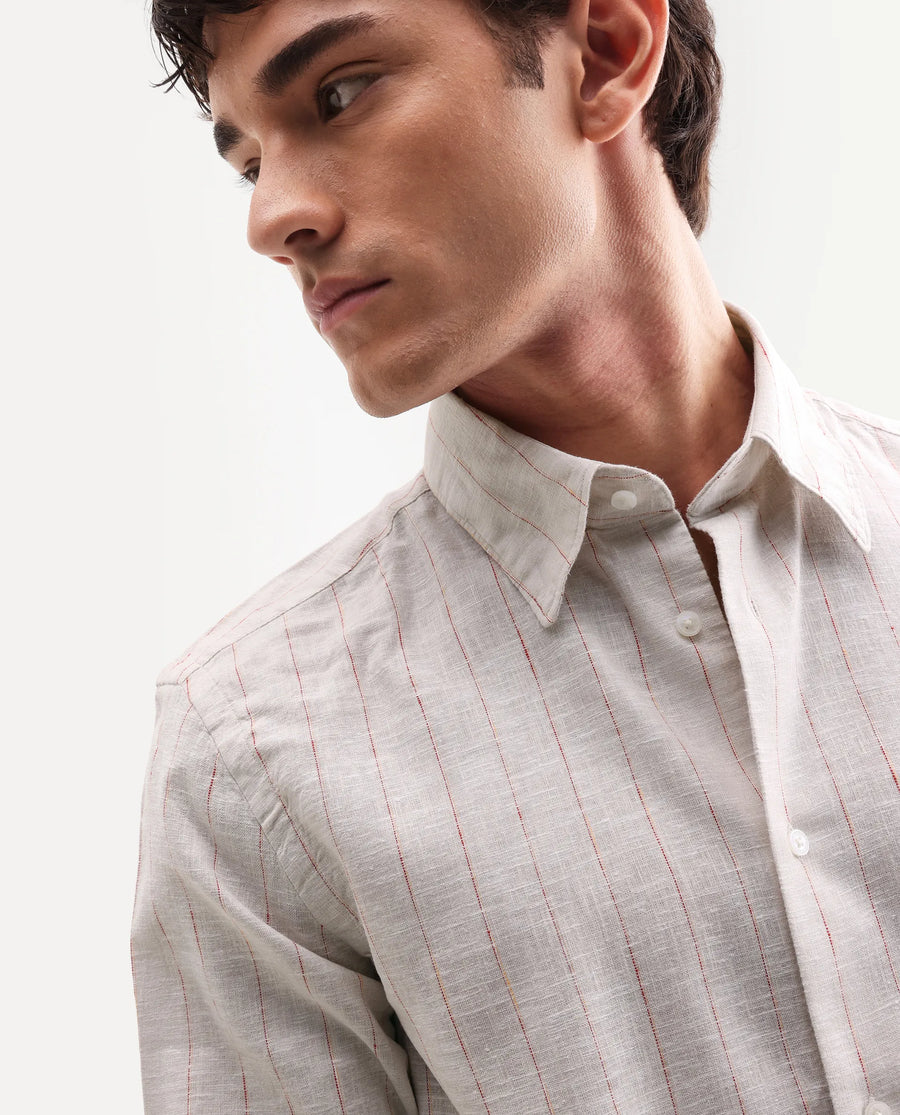 Rare Rabbit Men's Opis Off White 100% Linen Striped Print Regular Fit Full Sleeve Collared Shirt