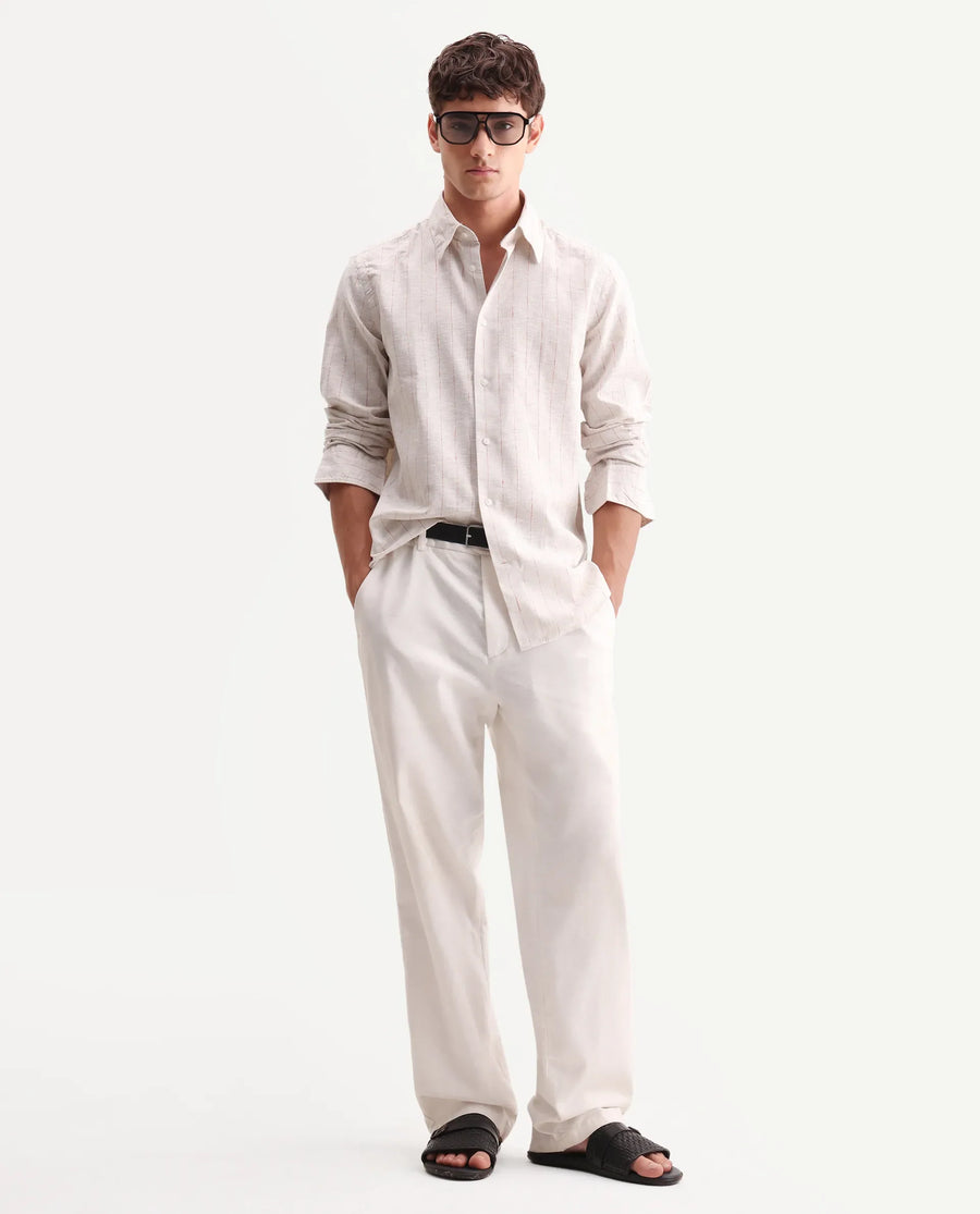 Rare Rabbit Men's Opis Off White 100% Linen Striped Print Regular Fit Full Sleeve Collared Shirt