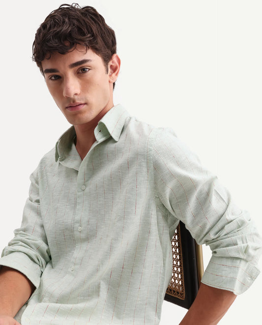 Rare Rabbit Men's Opis Sage 100% Linen Striped Print Regular Fit Full Sleeve Collared Shirt