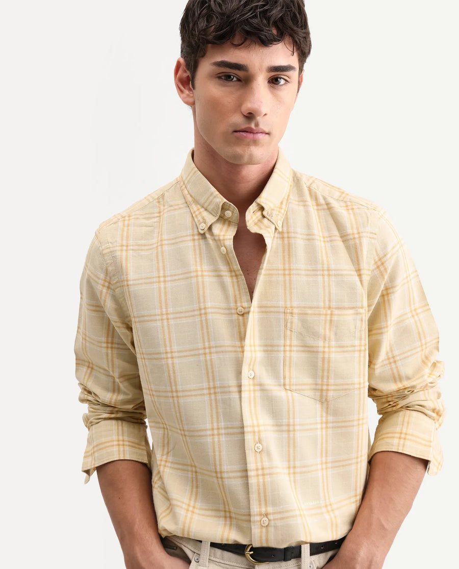 Rare Rabbit Men's Jaze Yellow 100% Linen Checked Print Regular Fit Full Sleeve Collared Shirt