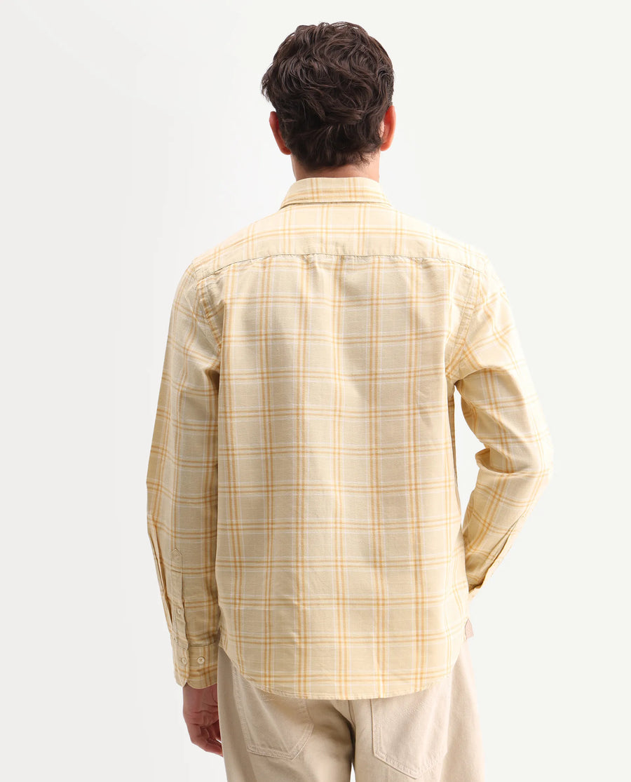 Rare Rabbit Men's Jaze Yellow 100% Linen Checked Print Regular Fit Full Sleeve Collared Shirt