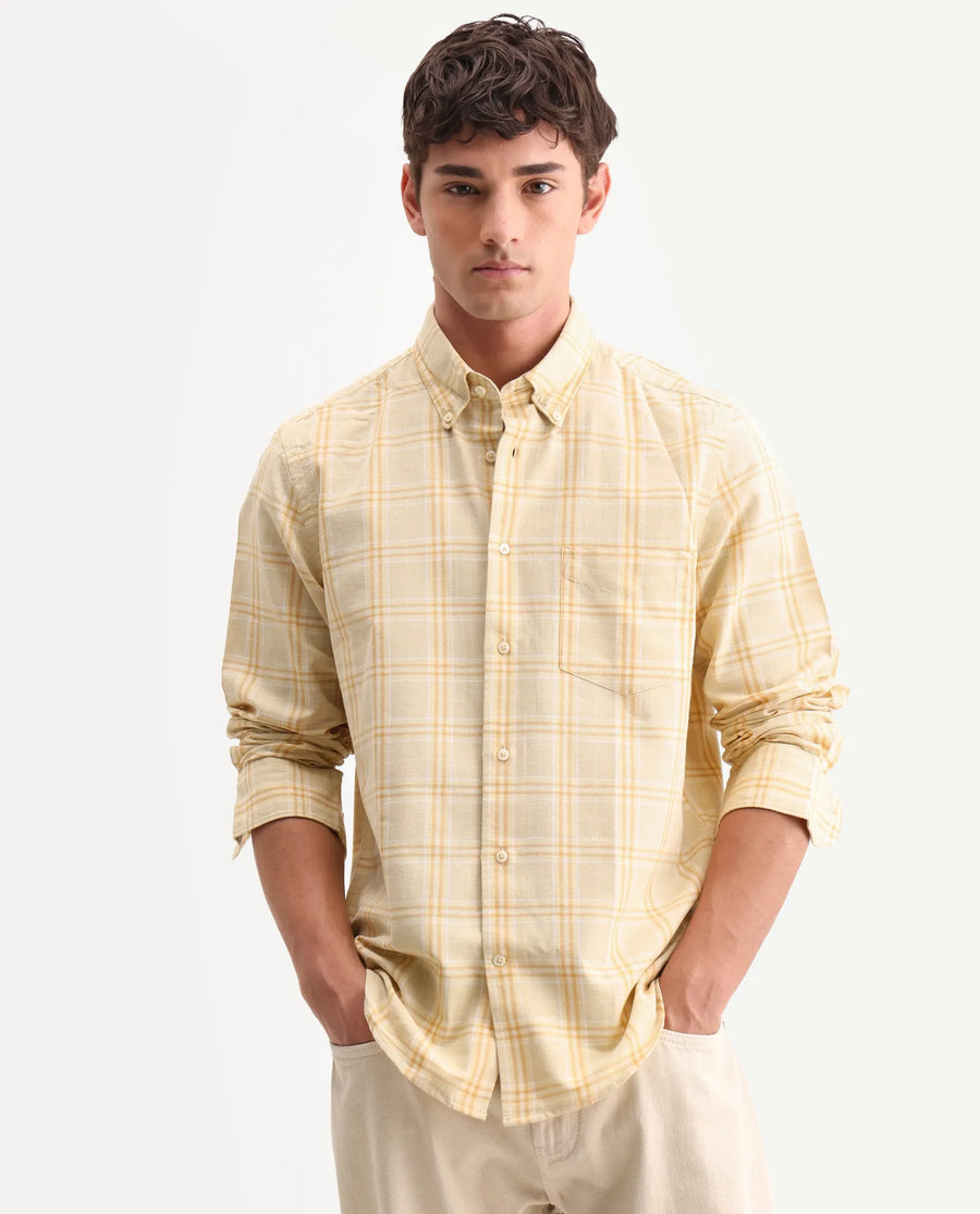 Rare Rabbit Men's Jaze Yellow 100% Linen Checked Print Regular Fit Full Sleeve Collared Shirt