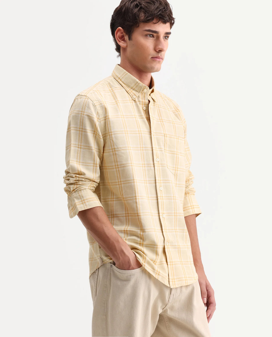 Rare Rabbit Men's Jaze Yellow 100% Linen Checked Print Regular Fit Full Sleeve Collared Shirt