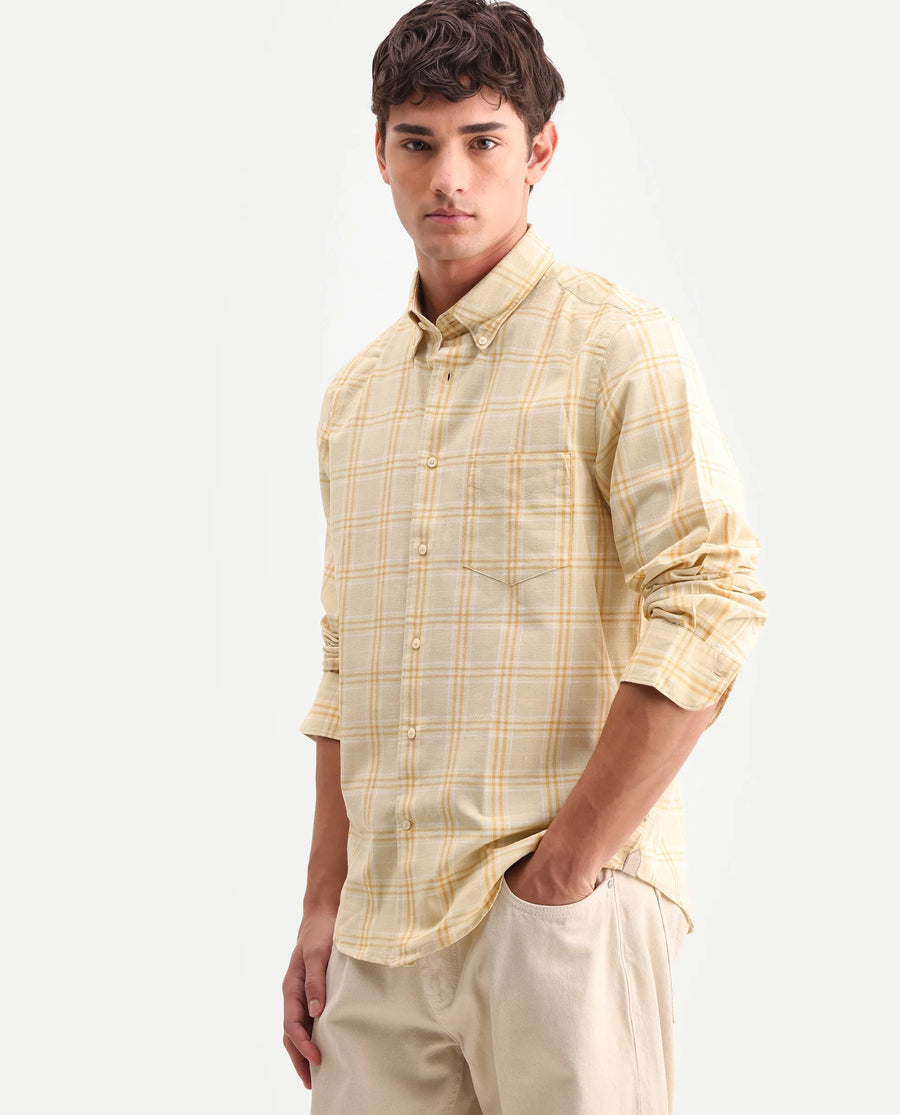 Rare Rabbit Men's Jaze Yellow 100% Linen Checked Print Regular Fit Full Sleeve Collared Shirt
