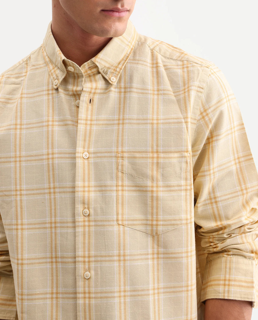 Rare Rabbit Men's Jaze Yellow 100% Linen Checked Print Regular Fit Full Sleeve Collared Shirt
