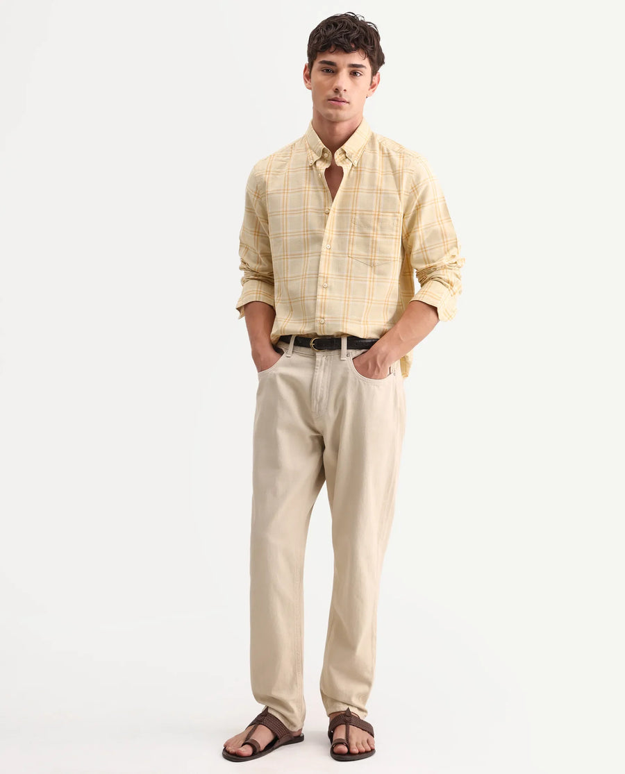 Rare Rabbit Men's Jaze Yellow 100% Linen Checked Print Regular Fit Full Sleeve Collared Shirt